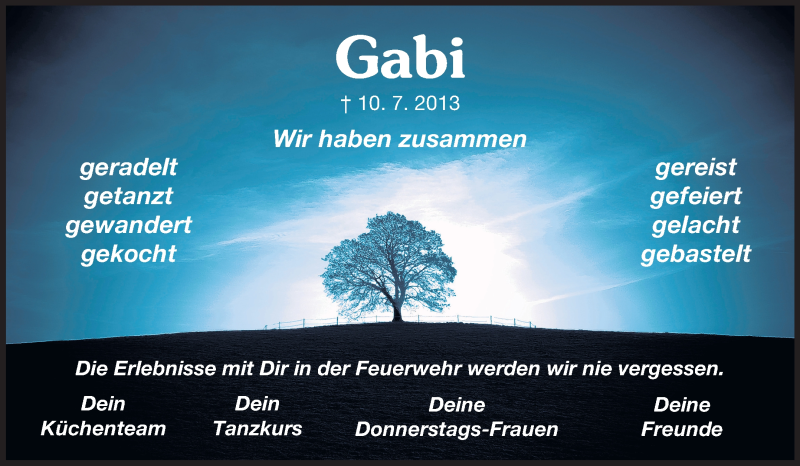  Traueranzeige für Gabi Fleck vom 11.07.2013 aus Echo-Zeitungen (Gesamtausgabe)