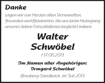 Traueranzeige von Walter Schwöbel von Odenwälder Echo