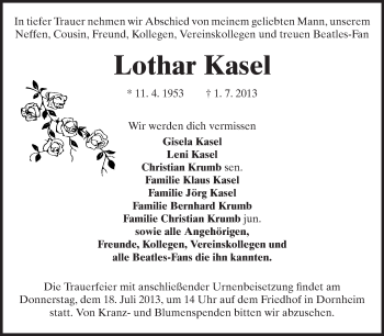 Traueranzeige von Lothar Kasel von Rüsselsheimer Echo, Groß-Gerauer-Echo, Ried Echo