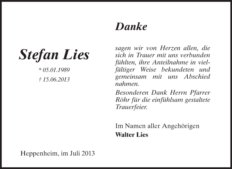  Traueranzeige für Stefan Lies vom 13.07.2013 aus Starkenburger Echo