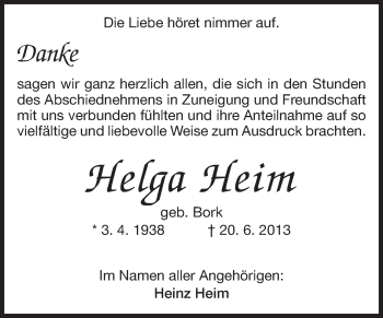 Traueranzeige von Helge Heim von Echo-Zeitungen (Gesamtausgabe)