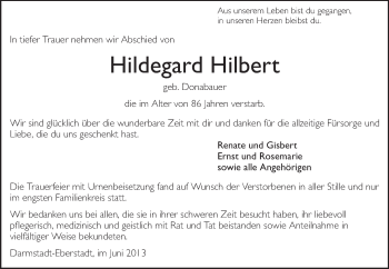 Traueranzeige von Hildegard Hilbert von Echo-Zeitungen (Gesamtausgabe)