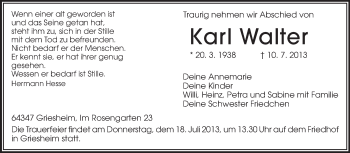 Traueranzeige von Karl Walter von Echo-Zeitungen (Gesamtausgabe)