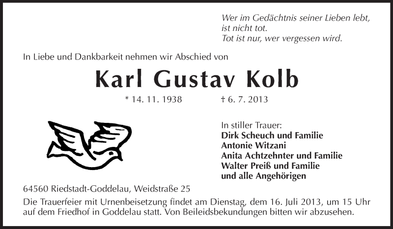  Traueranzeige für Karl Gustav Kolb vom 13.07.2013 aus Rüsselsheimer Echo, Groß-Gerauer-Echo, Ried Echo