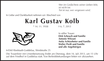 Traueranzeige von Karl Gustav Kolb von Rüsselsheimer Echo, Groß-Gerauer-Echo, Ried Echo