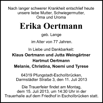 Traueranzeige von Erika Oertmann von Echo-Zeitungen (Gesamtausgabe)