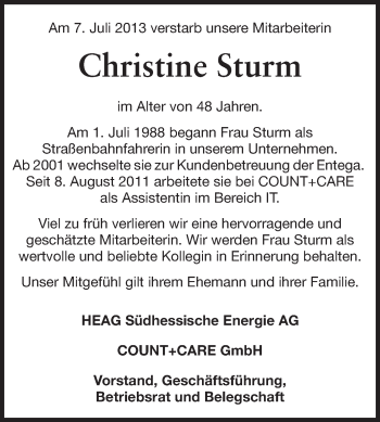 Traueranzeige von Christine Sturm von Echo-Zeitungen (Gesamtausgabe)