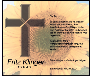 Traueranzeige von Fritz Klinger von Odenwälder Echo