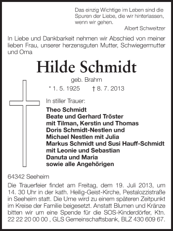 Traueranzeige von Hilde Schmidt von Echo-Zeitungen (Gesamtausgabe)