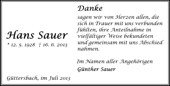 Traueranzeige von Hans Sauer von Odenwälder Echo