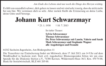 Traueranzeige von Johann Kurt Schwarzmayr von Echo-Zeitungen (Gesamtausgabe)