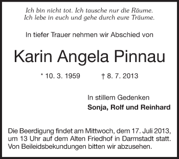 Traueranzeige von Karin Angela Pinnau von Echo-Zeitungen (Gesamtausgabe)