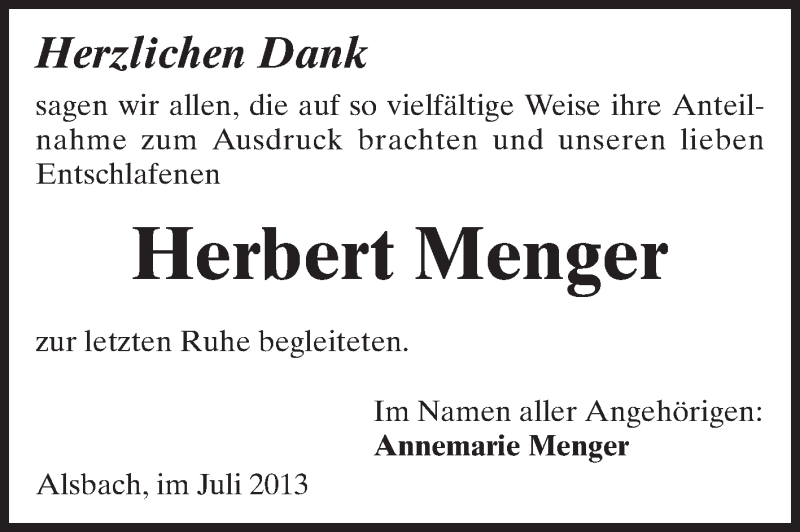  Traueranzeige für Herbert Menger vom 13.07.2013 aus Echo-Zeitungen (Gesamtausgabe)