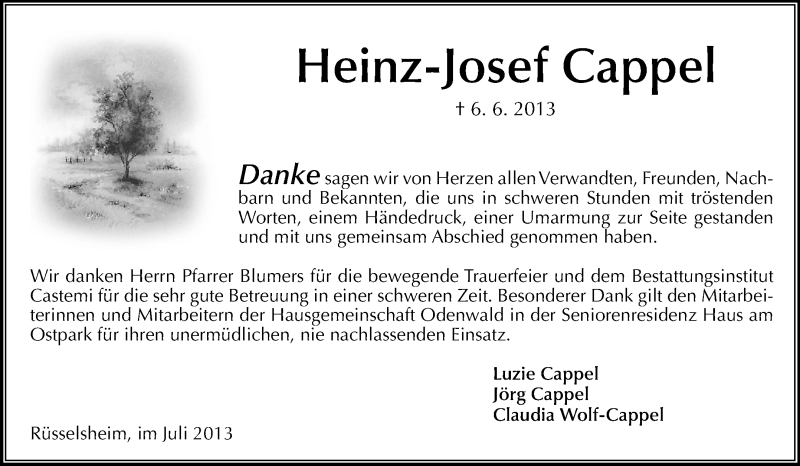  Traueranzeige für Heinz-Josef Cappel vom 13.07.2013 aus Rüsselsheimer Echo, Groß-Gerauer-Echo, Ried Echo