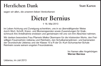 Traueranzeige von Dieter Bernius von Echo-Zeitungen (Gesamtausgabe)