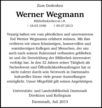 Traueranzeige von Werner Wegmann von Echo-Zeitungen (Gesamtausgabe)