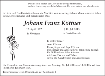 Traueranzeige von Johann Franz Köttner von Darmstädter Echo, Odenwälder Echo, Rüsselsheimer Echo, Groß-Gerauer-Echo, Ried Echo
