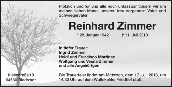 Traueranzeige von Reinhard Zimmer von Rüsselsheimer Echo, Groß-Gerauer-Echo, Ried Echo