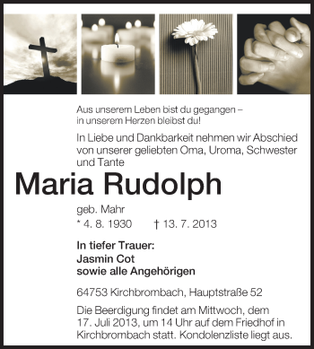 Traueranzeige von Maria Rudolph von Odenwälder Echo