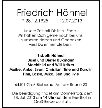 Traueranzeige von Friedrich Hähnel von Echo-Zeitungen (Gesamtausgabe)