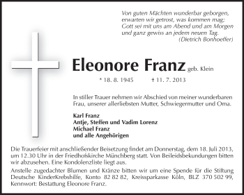 Traueranzeige von Eleonore Franz von Echo-Zeitungen (Gesamtausgabe)