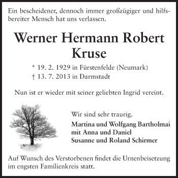 Traueranzeige von Werner Hermann Robert Kruse von Echo-Zeitungen (Gesamtausgabe)