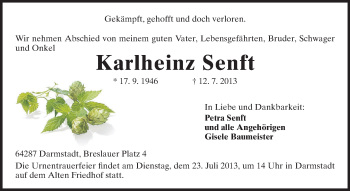 Traueranzeige von Karlheinz Senft von Echo-Zeitungen (Gesamtausgabe)
