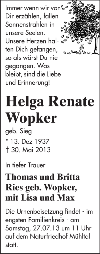 Traueranzeige von Helga Renate Wopker von Echo-Zeitungen (Gesamtausgabe)