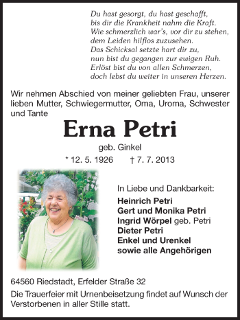 Traueranzeige von Erna Petri von Rüsselsheimer Echo, Groß-Gerauer-Echo, Ried Echo