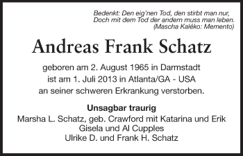 Traueranzeige von Andreas Frank Schatz von Echo-Zeitungen (Gesamtausgabe)