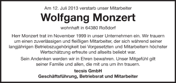 Traueranzeige von Wolfgang Monzert von Echo-Zeitungen (Gesamtausgabe)