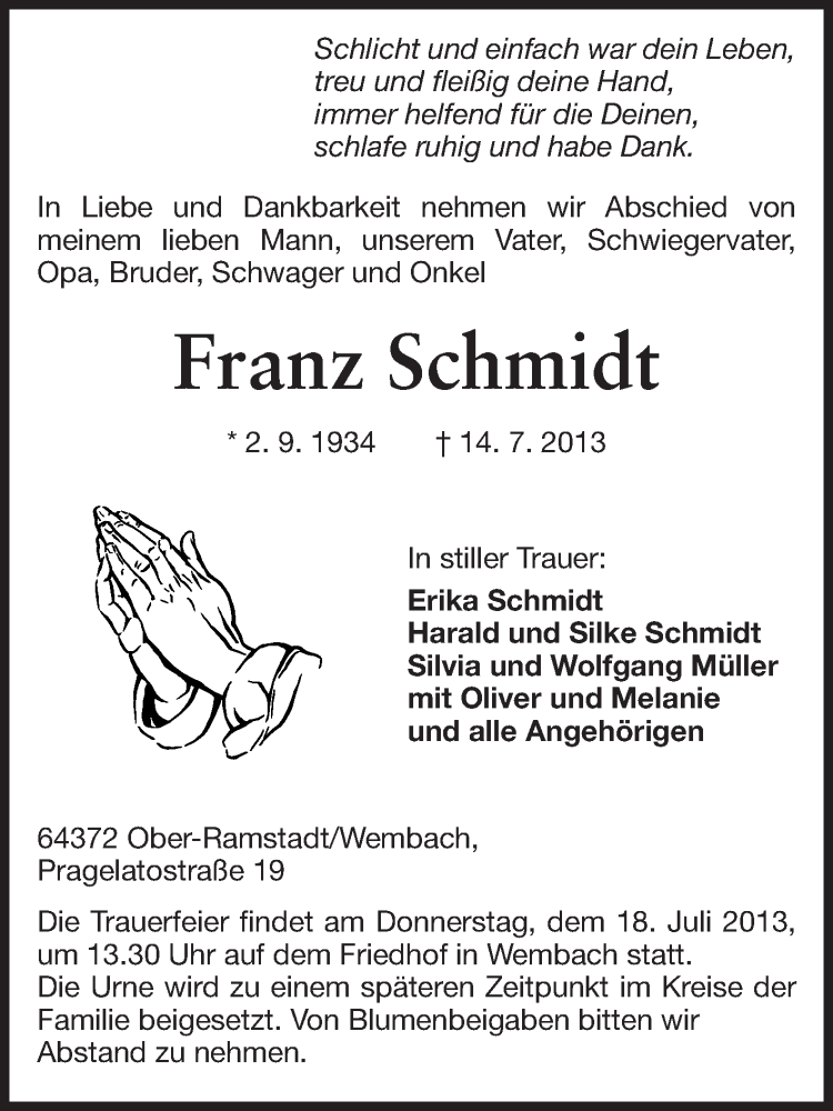  Traueranzeige für Franz Schmidt vom 16.07.2013 aus Echo-Zeitungen (Gesamtausgabe)