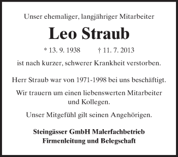 Traueranzeige von Leo Straub von Echo-Zeitungen (Gesamtausgabe)