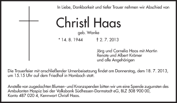 Traueranzeige von Christl Haas von Starkenburger Echo