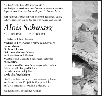 Traueranzeige von Alois Schwarz von Rüsselsheimer Echo, Groß-Gerauer-Echo, Ried Echo