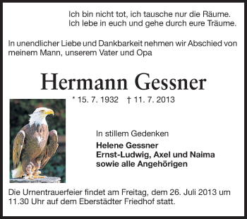 Traueranzeige von Hermann Gessner von Echo-Zeitungen (Gesamtausgabe)