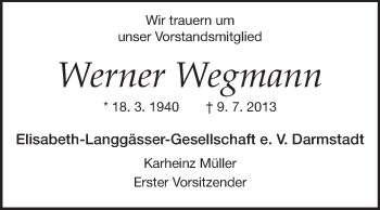 Traueranzeige von Werner Wegmann von Echo-Zeitungen (Gesamtausgabe)