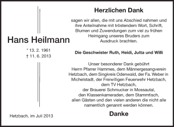 Traueranzeige von Hans Heilmann von Odenwälder Echo