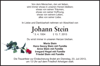 Traueranzeige von Johann Stein von Echo-Zeitungen (Gesamtausgabe)