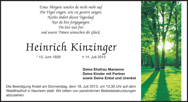  Traueranzeige für Heinrich Kinzinger vom 17.07.2013 aus Rüsselsheimer Echo, Groß-Gerauer-Echo, Ried Echo