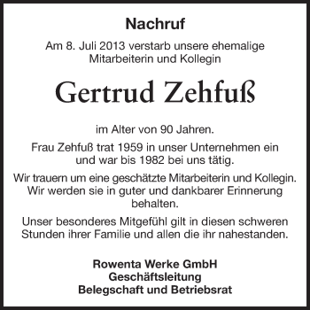 Traueranzeige von Gertrud Zehfuß von Odenwälder Echo