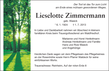 Traueranzeige von Lieselotte Zimmermann von Echo-Zeitungen (Gesamtausgabe)
