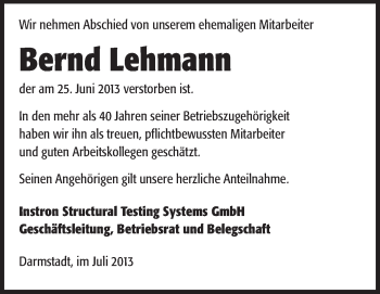 Traueranzeige von Bernd Lehmann von Echo-Zeitungen (Gesamtausgabe)