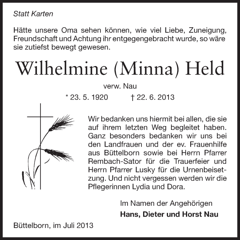  Traueranzeige für Wilhelmine Held vom 17.07.2013 aus Rüsselsheimer Echo, Groß-Gerauer-Echo, Ried Echo