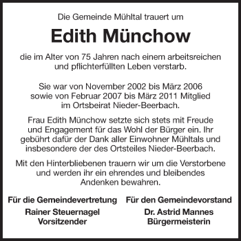 Traueranzeige von Edith Münchow von Echo-Zeitungen (Gesamtausgabe)