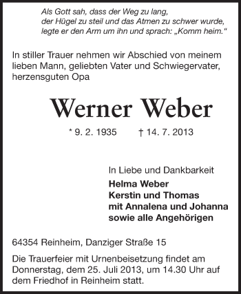 Traueranzeige von Werner Weber von Echo-Zeitungen (Gesamtausgabe)