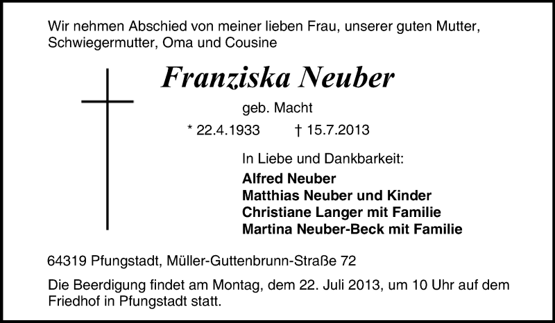 Traueranzeige für Franziska Neuber vom 18.07.2013 aus Echo-Zeitungen (Gesamtausgabe)