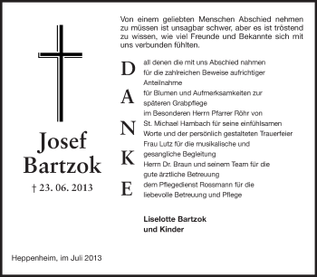 Traueranzeige von Josef Bartzok von Starkenburger Echo
