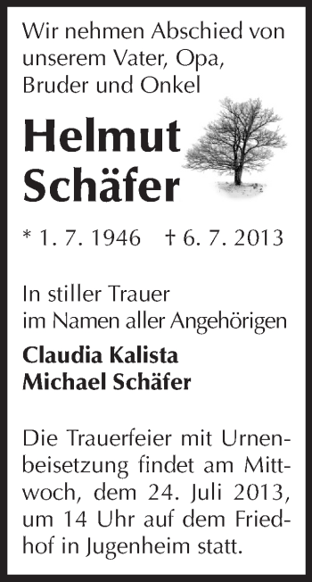 Traueranzeige von Helmut Schäfer von Echo-Zeitungen (Gesamtausgabe)