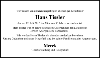 Traueranzeige von Hans Tissler von Echo-Zeitungen (Gesamtausgabe)